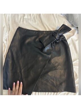 Wilfred Black Faux Leather Mini Wrap Skirt with Knot